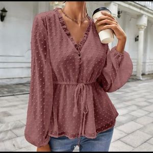 Shein Swiss Dot Drawstring Waist Blouse, sz M